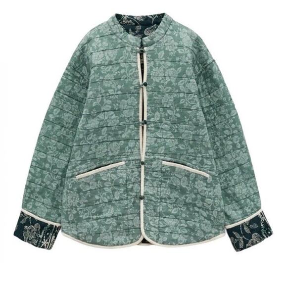 Zara Reversible Quilted Coat Size Small Green Paisley Bandana Jacket OVERSIZED - Picture 2 of 11